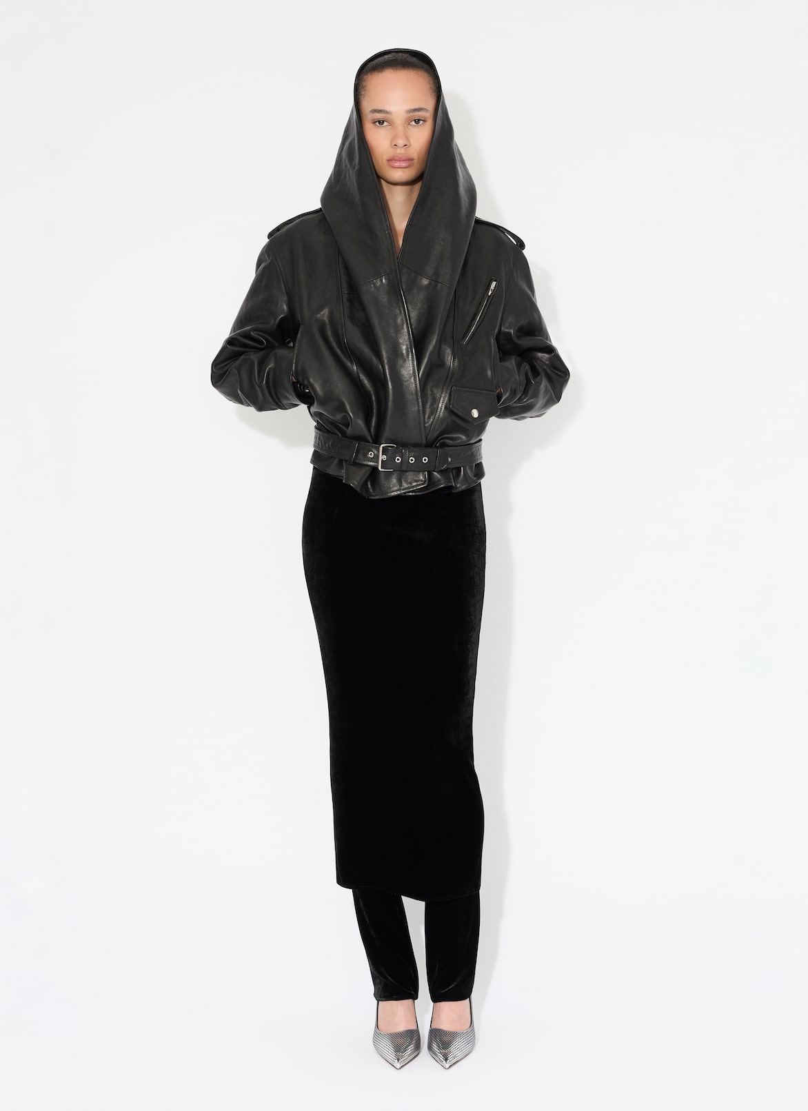 LEATHER HOODED BIKER JACKET ALAÏA BLACK LEATHER HOODED BIKER JACKET
